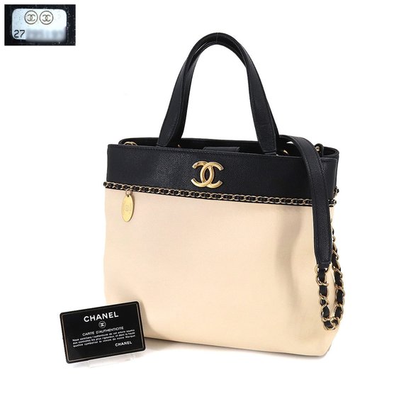 CHANEL 2way hand chain shoulder bag caviar skin leather beige black Hand Shou... - Picture 9 of 10